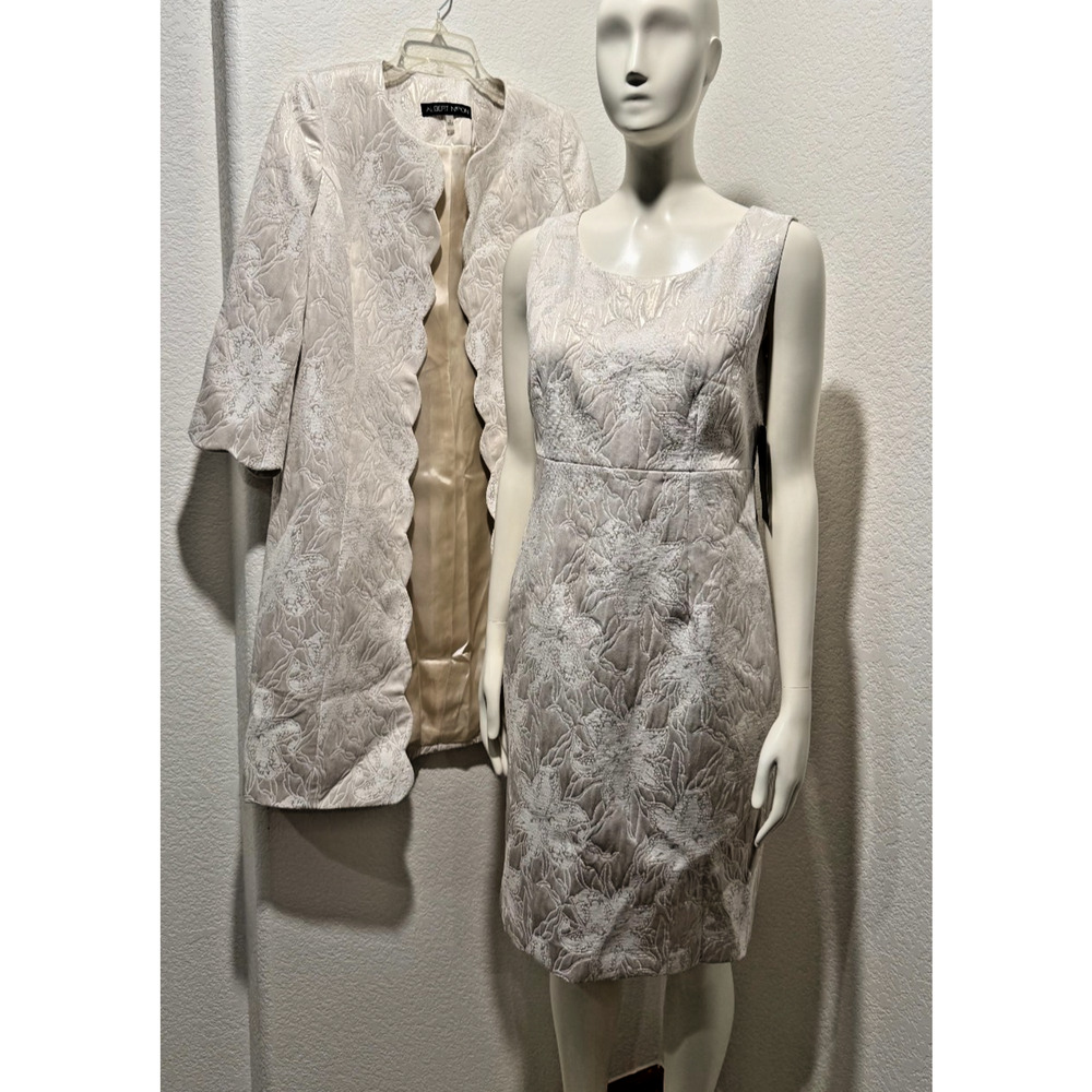 NWT Albert Nipon Cocktail Suit Jacquard Beige Dress w Jacket 4 Wedding MOB MOG